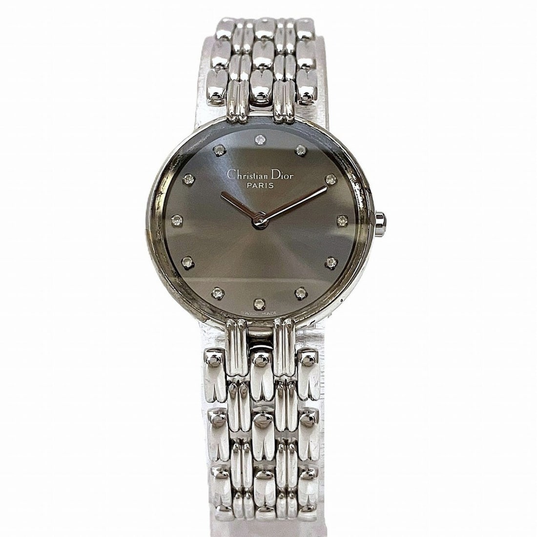 Christian Dior Bacilla watch, total weight 37.8g, stainless steel, quartz movement, gunmetal dial,: --- Catalog ---Category: SizeWrist Size: 15cm / 5.9''Case Diameter: 24mm / 0.94''Category: DesignType: WristwatchGender: WomenMaterial (Band): Stainless steelMaterial (Case): Stainless steelCategory: 