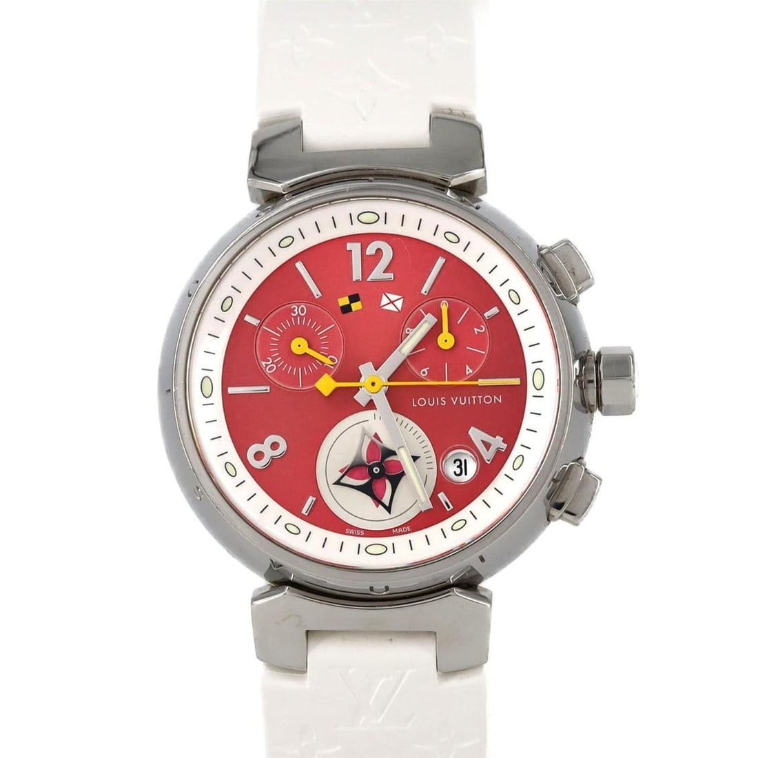 Louis Vuitton Tambour Lovely Cup Chrono Q1G03 SS Quartz Watch: --- Catalog ---Category: SizeCase Diameter: 34mm / 1.34''Category: DesignType: WristwatchGender: WomenMaterial (Band): Rubber, Stainless steelMaterial (Case): Stainless steelCategory: GeneralMPN: