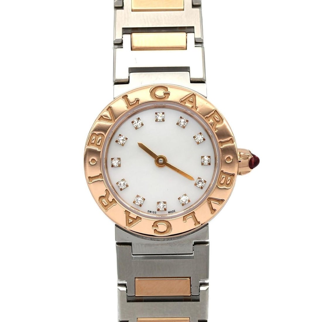 Bulgari PG Combination 12P BBP23SG 102970 SSxPG Quartz Watch: --- Catalog ---Category: SizeWrist Size: 16cm / 6.29''Case Diameter: 23mm / 0.91''Category: DesignType: WristwatchGender: WomenColor (Dial): WhiteMaterial (Band): Pink gold, Stainless steelMaterial