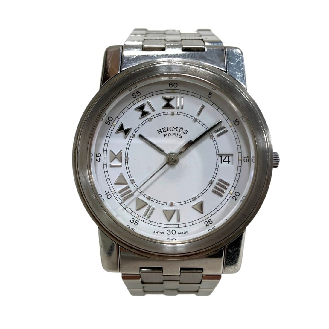 Hermes Carrick watch, total weight 76.4g, stainless steel, quartz movement, white dial.: --- Catalog ---Category: SizeWrist Size: 16.5cm / 6.49''Case Diameter: 34mm / 1.34''Category: DesignType: WristwatchGender: Men,WomenColor (Dial): WhiteMaterial (Band): Stainless steelMaterial (Case):