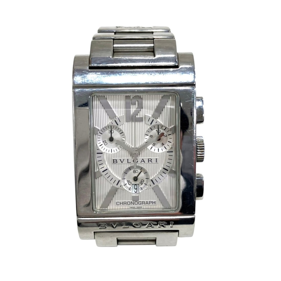 Bulgari BVLGARI Rettangolo watch, total weight 121g, stainless steel, quartz movement, silver dial,: --- Catalog ---Category: SizeWrist Size: 17cm / 6.69''Case Diameter: 29mm / 1.14''Category: DesignType: WristwatchColor (Dial): SilverMaterial (Band): Stainless steelMaterial (Case): Stainless