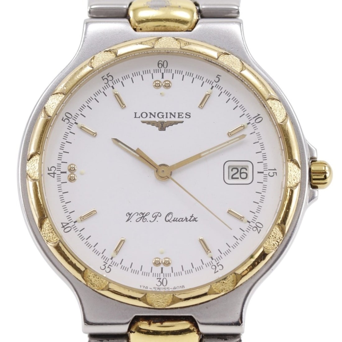 Longines Conquest 4018 Watch, Stainless Steel with Gold Plating, White Dial, Quartz, Analog, Men's.: --- Catalog ---Category: SizeWrist Size: 17cm / 6.69''Case Diameter: 36mm / 1.42''Category: DesignType: WristwatchGender: MenColor (Dial): WhiteMaterial (Band): Gold plated, Stainless steelMaterial (C