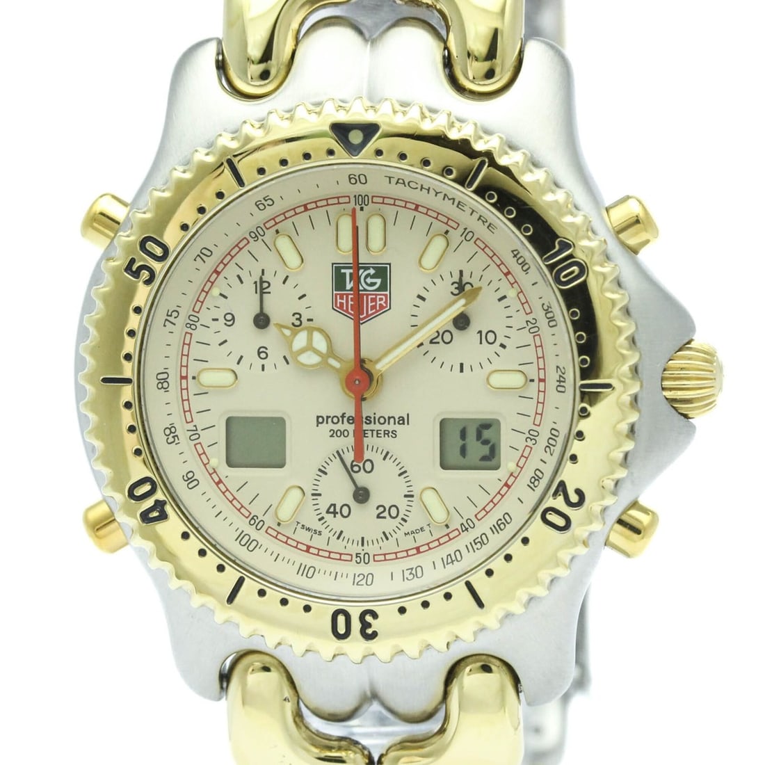 TAG HEUER Sel Chronograph Gold Plated Steel Mens Watch CG1123 Polished: --- Catalog ---Category: SizeCase Diameter: 38mm / 1.5''Category: DesignType: WristwatchStyle: SportGender: MenColor (Dial): IvoryMaterial (Band): Gold plated, Stainless steelMaterial (Case): Gold pla