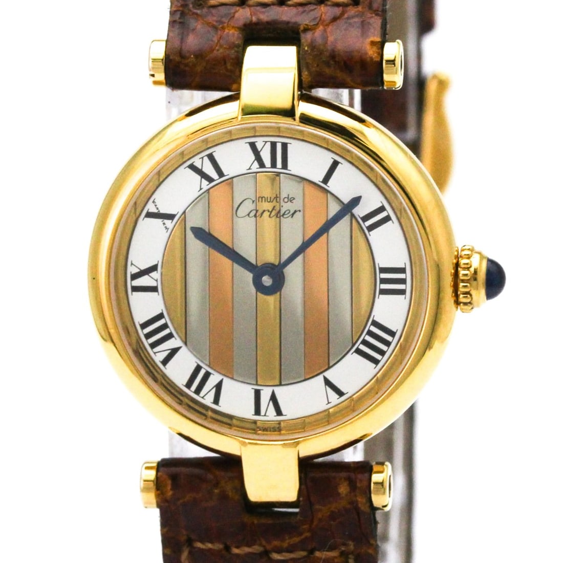 CARTIER Must Vendome Vermeil Gold Plated Quartz Ladies Watch 590004: --- Catalog ---Category: SizeCase Diameter: 24mm / 0.94''Category: DesignType: WristwatchStyle: Dress/FormalGender: WomenColor (Dial): WhiteMaterial (Band): LeatherMaterial (Case): Gold platedCategory