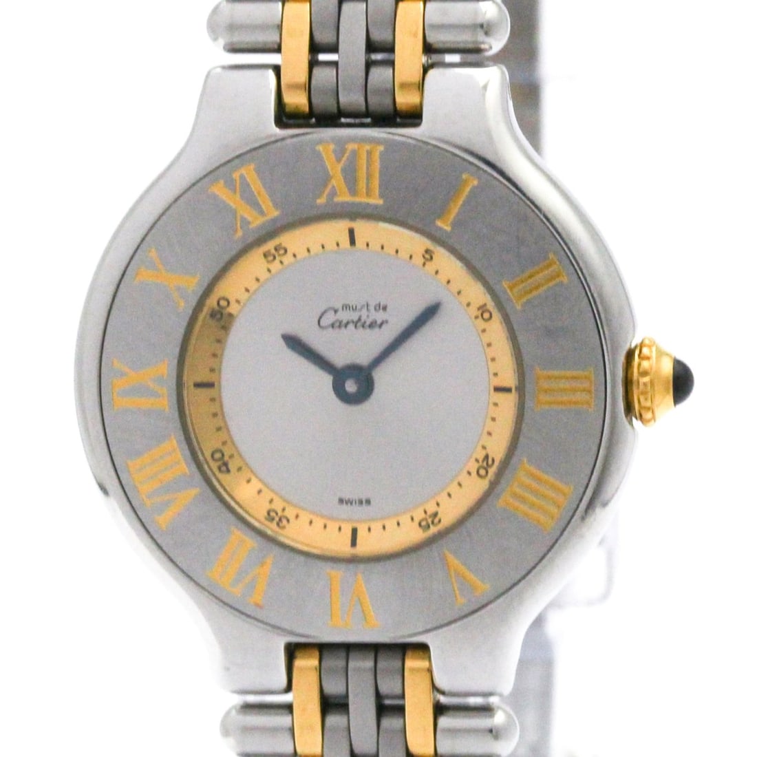 CARTIER Must 21 Gold Plated Steel Quartz Ladies Watch W10073F4 Polished: --- Catalog ---Category: SizeCase Diameter: 28mm / 1.1''Category: DesignType: WristwatchStyle: Dress/FormalGender: WomenColor (Dial): SilverMaterial (Band): Gold plated, Stainless steelMaterial (Case)