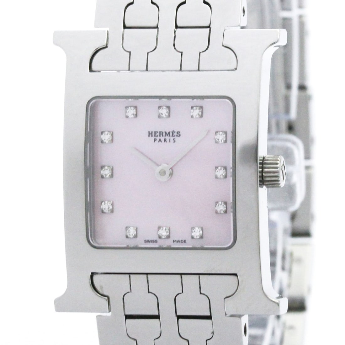 HERMES H Watch Diamond Pink MOP Dial Ladies Watch HH1.210 Polished: --- Catalog ---Category: SizeCase Diameter: 21mm / 0.83''Category: DesignType: WristwatchStyle: Dress/FormalGender: WomenColor (Dial): Pink shellMaterial (Band): Stainless steelMaterial (Case): Stainl