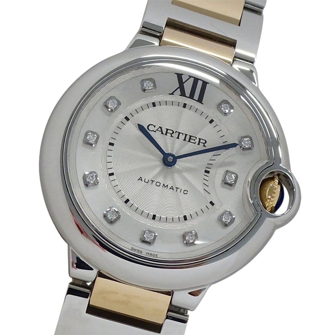 Cartier Ballon Bleu automatic watch for boys, 11 diamonds, stainless steel (SS) and pink gold (PG),: --- Catalog ---Category: SizeWrist Size: 19cm / 7.48''Case Diameter: 36mm / 1.42''Category: DesignType: WristwatchGender: MenColor (Dial): SilverMaterial (Band): Pink gold, Stainless steelMaterial (Ca