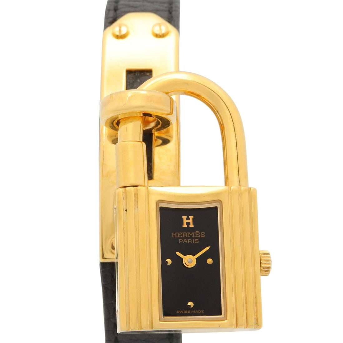 Hermes Kelly Watch, Gold Plated (GP), Leather Strap, Women's, Black, KE1.201: --- Catalog ---Category: SizeWrist Size: 16cm / 6.29''Case Diameter: 20mm / 0.79''Category: DesignType: WristwatchGender: WomenColor (Dial): BlackMaterial (Band): LeatherMaterial (Case): Gold platedCa