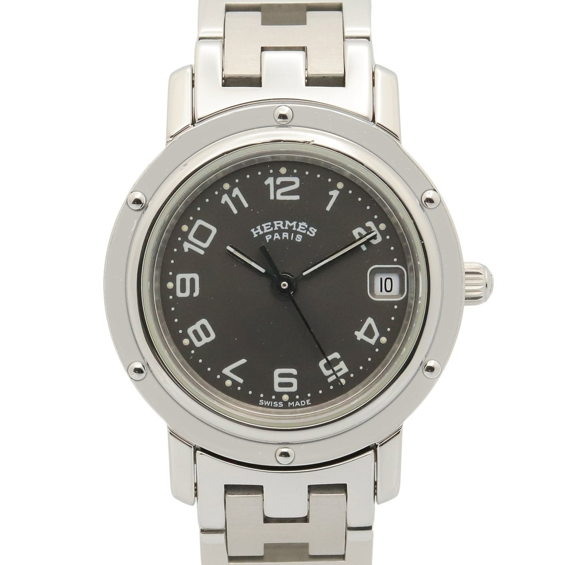 Hermes Clipper watch, stainless steel, women's, gray, CL4.210: --- Catalog ---Category: SizeWrist Size: 14cm / 5.51''Case Diameter: 24mm / 0.94''Category: DesignType: WristwatchGender: WomenColor (Dial): GrayMaterial (Band): Stainless steelMaterial (Case): Stainl