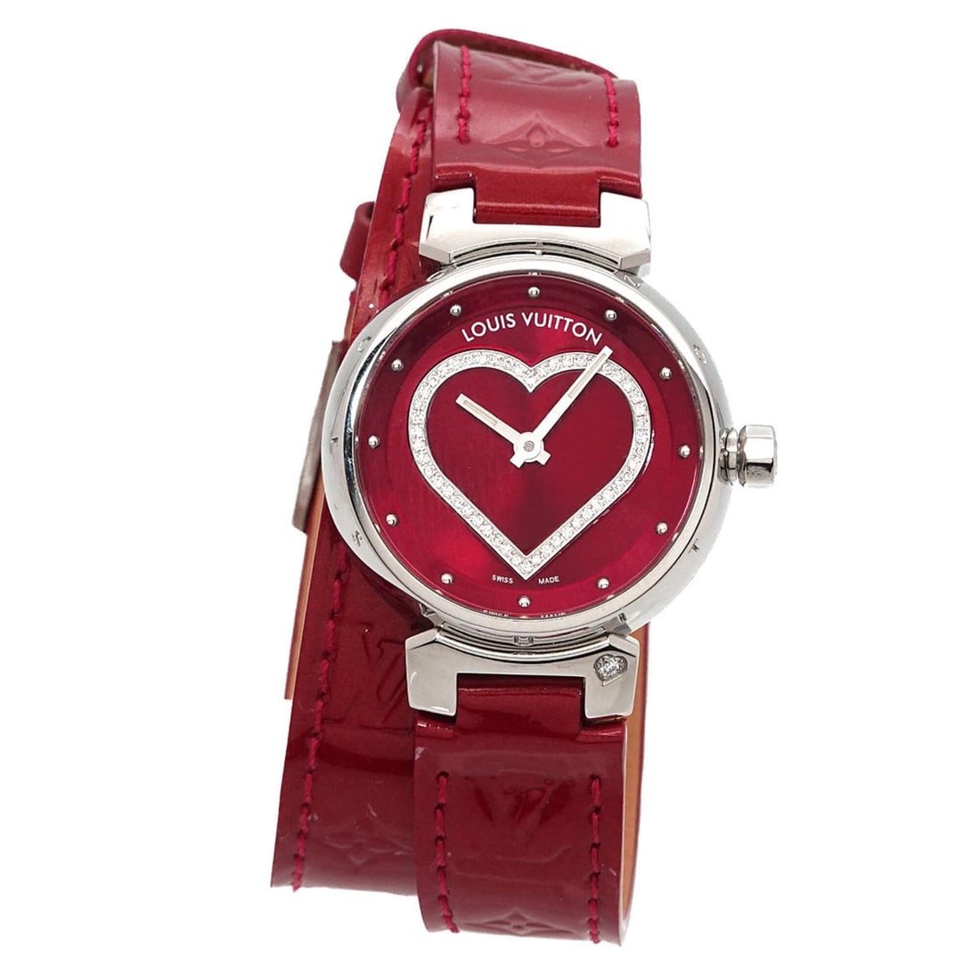 Louis Vuitton Tambour W Tour Q121Z Diamond Ladies Watch Heart Red Quartz: --- Catalog ---Category: SizeWrist Size: 12.5cm - 15.5cm / 4.92'' - 6.1''Case Diameter: 28mm / 1.1''Category: DesignType: WristwatchGender: WomenColor (Dial): Red colorMaterial (Band): LeatherMaterial