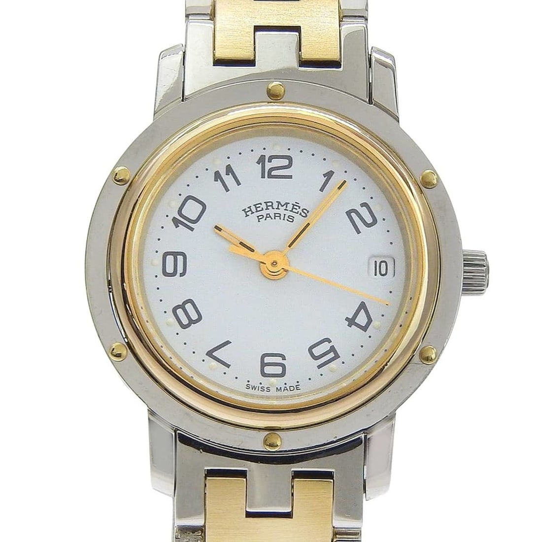 Hermes Clipper watch CL3.240, stainless steel, quartz, analog, white dial, women's.: --- Catalog ---Category: SizeWrist Size: 16cm / 6.29''Case Diameter: 24mm / 0.94''Category: DesignType: WristwatchGender: WomenColor (Dial): WhiteMaterial (Band): Stainless steelMaterial (Case): Stain