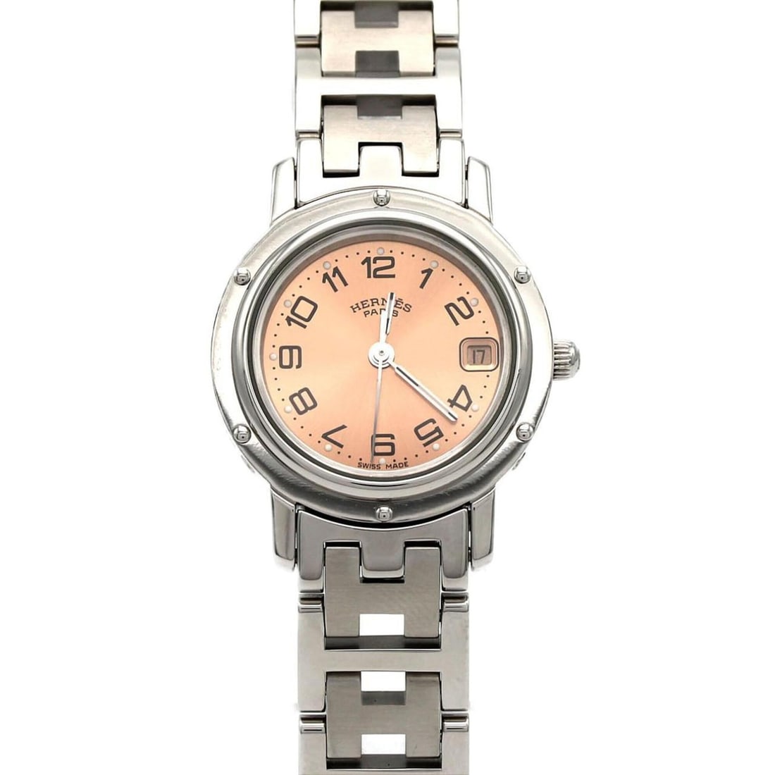 Hermes Clipper CL4.210 SS Quartz Watch: --- Catalog ---Category: SizeWrist Size: 15cm / 5.9''Case Diameter: 24mm / 0.94''Category: DesignType: WristwatchColor (Dial): PinkMaterial (Band): Stainless steelMaterial (Case): Stainless steelCateg
