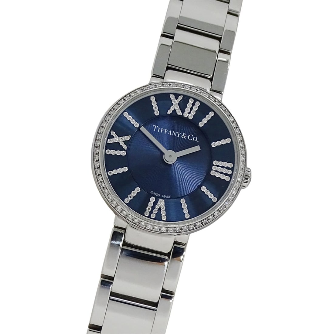 Tiffany & Co. Women's Atlas Diamond Quartz Watch, Stainless Steel (SS), Silver/Navy, 69291651,: --- Catalog ---Category: SizeWrist Size: 19cm / 7.48''Case Diameter: 24mm / 0.94''Category: DesignType: WristwatchGender: WomenColor (Dial): NavyMaterial (Band): Stainless steelMaterial (Case): Stainl