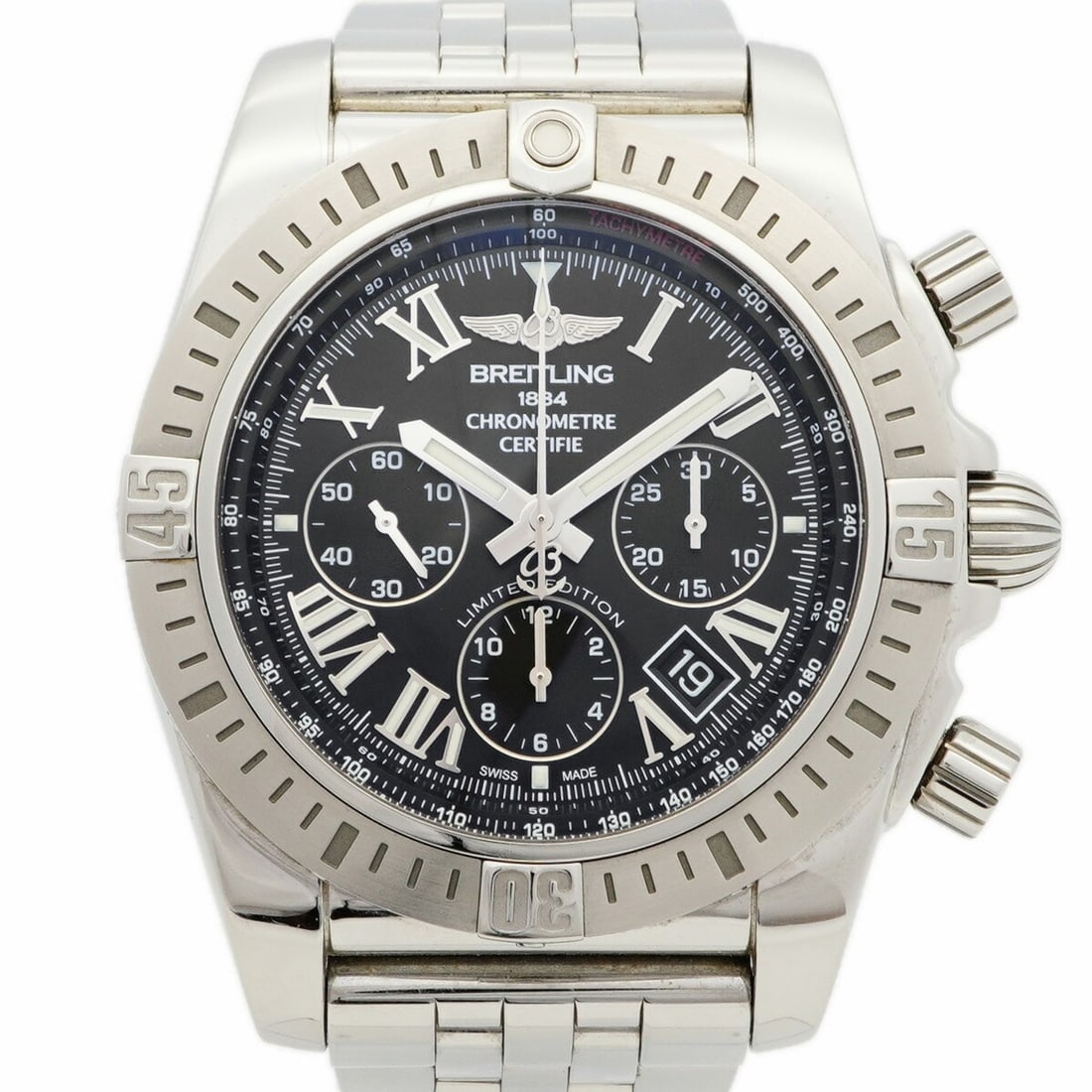 Breitling Chronomat 44 JSP Japan Limited Edition (500 pieces) AB01153A AB0115 Black Dial Men's Watch: --- Catalog ---Category: SizeWrist Size: 16cm / 6.29''Case Diameter: 43.5mm / 1.71''Category: DesignType: WristwatchGender: MenColor (Dial): BlackMaterial (Band): Stainless steelCategory: GeneralMPN: 