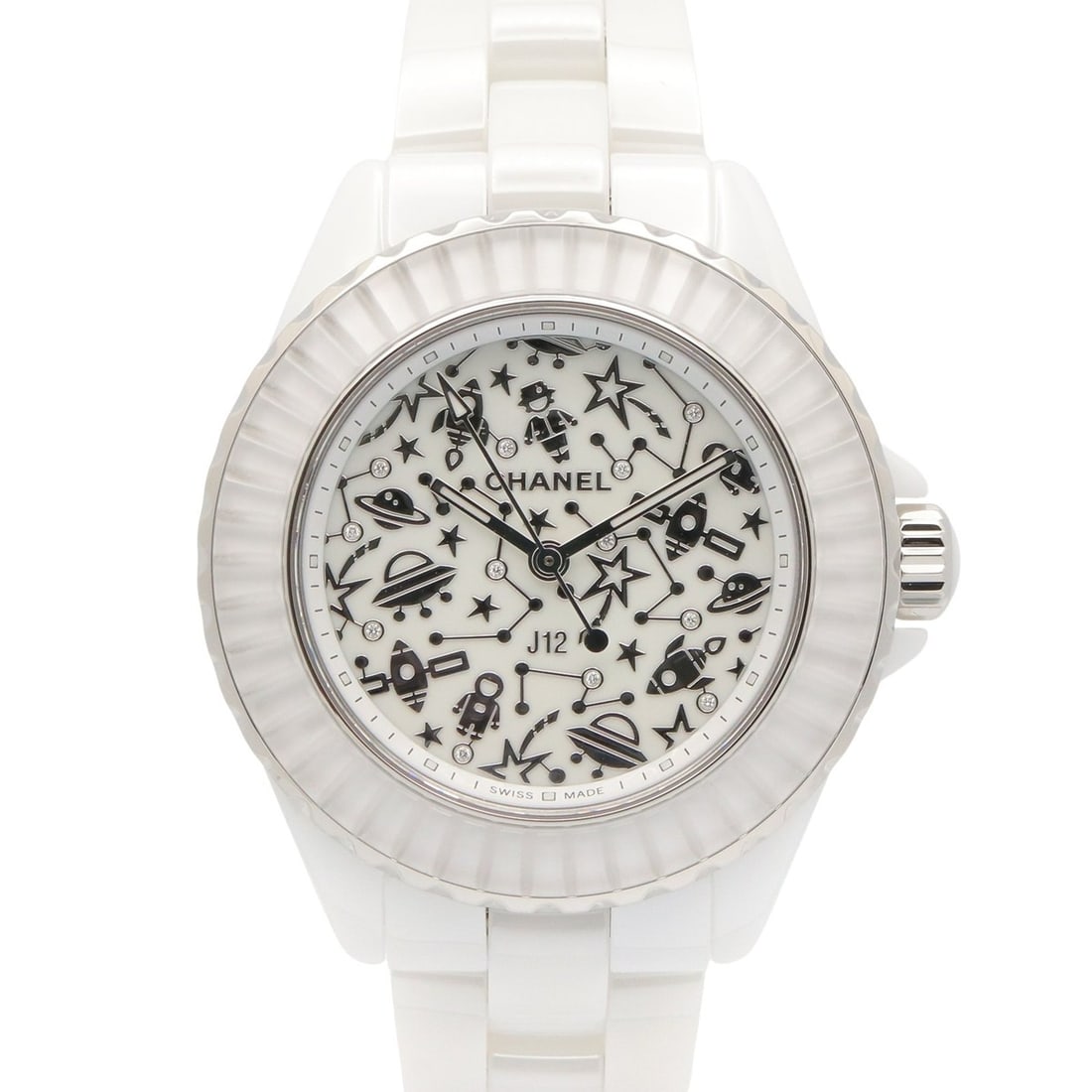 Chanel J12 Cosmic Ceramic Watch for Women, White (H7990): --- Catalog ---Category: SizeWrist Size: 16.5cm / 6.49''Case Diameter: 33.8mm / 1.33''Category: DesignType: WristwatchGender: WomenColor (Dial): WhiteMaterial (Band): CeramicMaterial (Case): CeramicCa