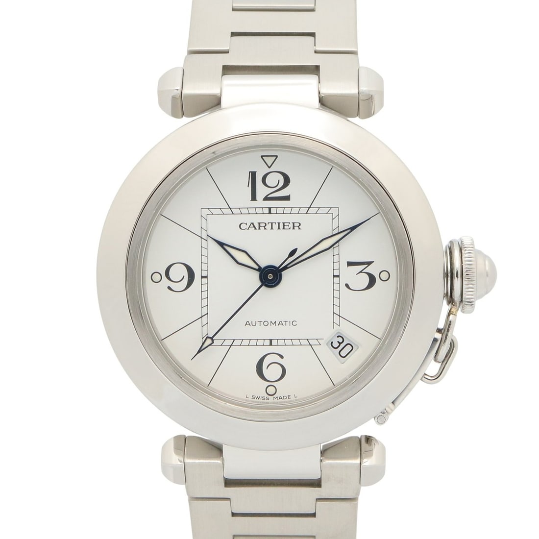 Cartier Pasha C watch, stainless steel, boys' size, white, W31074M7: --- Catalog ---Category: SizeWrist Size: 16cm / 6.29''Case Diameter: 35mm / 1.38''Category: DesignType: WristwatchGender: BoysColor (Dial): WhiteMaterial (Band): Stainless steelMaterial (Case): Stainl