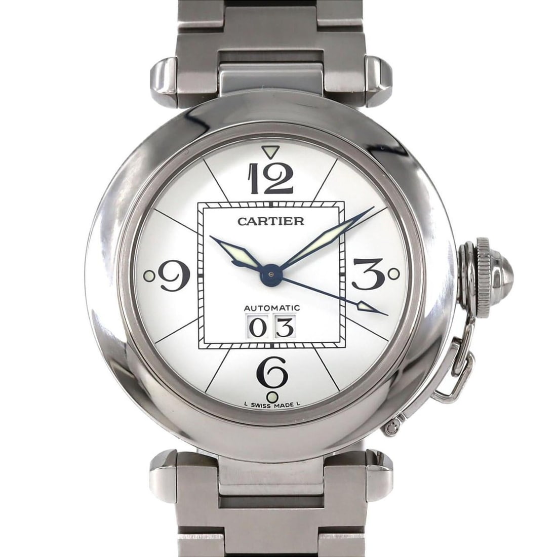 Cartier Pasha C Grande Date W31055M7 Stainless Steel Automatic Watch: --- Catalog ---Category: SizeWrist Size: 18cm / 7.08''Case Diameter: 35mm / 1.38''Category: DesignType: WristwatchGender: Men,WomenColor (Dial): WhiteMaterial (Band): Stainless steelMaterial (Case): S