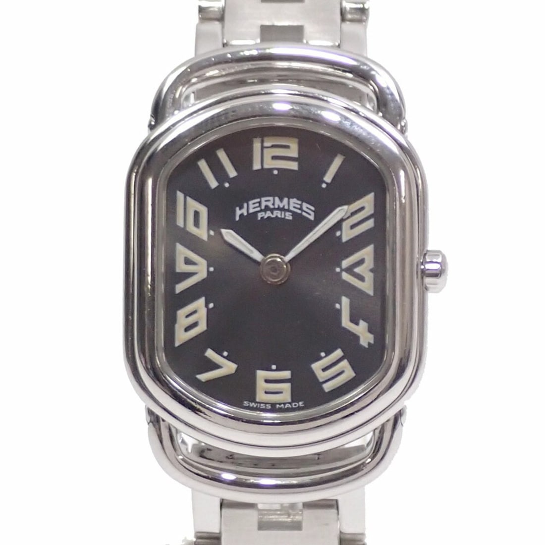 Hermes Rally Ladies Quartz Watch SS RA1.210 Battery Operated: --- Catalog ---Category: SizeWrist Size: 15.5cm / 6.1''Case Diameter: 20mm / 0.79''Category: DesignType: WristwatchGender: WomenColor (Dial): GrayMaterial (Band): Stainless steelMaterial (Case): Stain