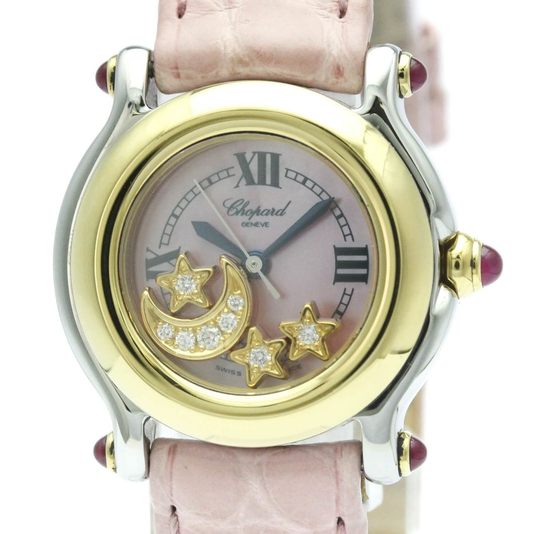 CHOPARD Happy Sport Diamond Pink MOP 18K Gold Steel Watch 27/8246-21 Polished: --- Catalog ---Category: SizeCase Diameter: 26mm / 1.02''Category: DesignType: WristwatchStyle: Dress/FormalGender: WomenColor (Dial): Pink shellMaterial (Band): LeatherMaterial (Case): Stainless stee