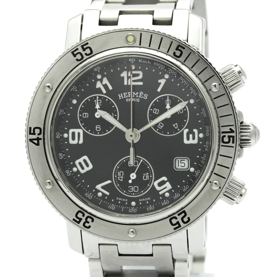 HERMES Clipper Diver Chronograph Quartz Mens Watch CL2.910 Polished: --- Catalog ---Category: SizeCase Diameter: 40mm / 1.57''Category: DesignType: WristwatchStyle: SportGender: MenColor (Dial): BlackMaterial (Band): Stainless steelMaterial (Case): Stainless steelCateg