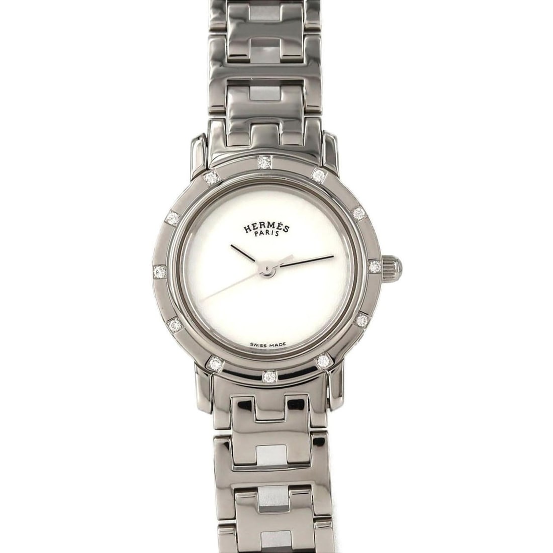 Hermes Clipper Nacre 12P CL4.230 SS Quartz Watch: --- Catalog ---Category: SizeWrist Size: 14cm / 5.51''Case Diameter: 24mm / 0.94''Category: DesignType: WristwatchGender: WomenColor (Dial): WhiteMaterial (Band): Stainless steelMaterial (Case): Stain