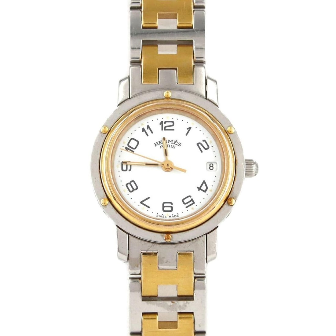Hermes Clipper Combination CL3.240 SSxGP Quartz Watch: --- Catalog ---Category: SizeWrist Size: 17.5cm / 6.88''Case Diameter: 24mm / 0.94''Category: DesignType: WristwatchGender: WomenColor (Dial): WhiteMaterial (Band): Gold plated, Stainless steelMateria