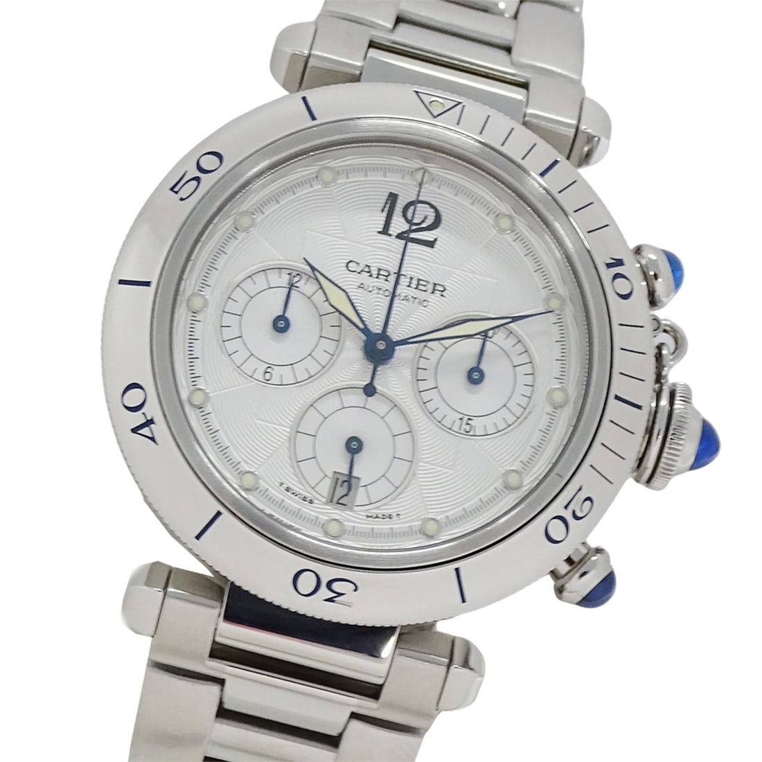 Cartier Pasha Chronograph Automatic Watch for Men, Stainless Steel (SS) W31030H3, Silver, with Open: --- Catalog ---Category: SizeWrist Size: 19cm / 7.48''Case Diameter: 38mm / 1.5''Category: DesignType: WristwatchGender: MenColor (Dial): SilverMaterial (Band): Stainless steelMaterial (Case): Stainle