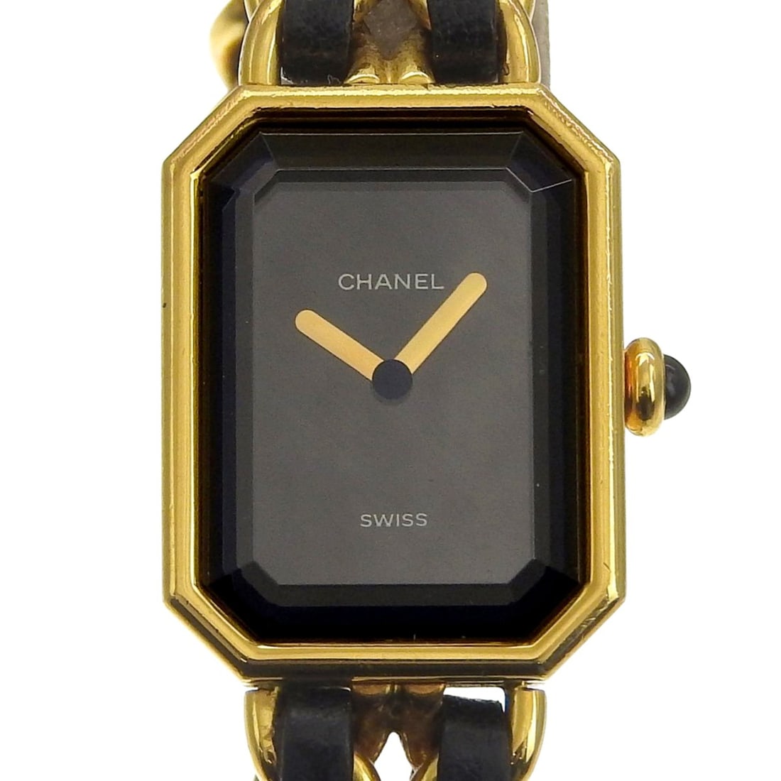 Chanel Premiere S Watch H0001 Gold Plated x Leather Black Quartz Analog Dial Ladies: --- Catalog ---Category: SizeWrist Size: 13.5cm / 5.31''Case Diameter: 20mm / 0.79''Category: DesignType: WristwatchGender: WomenColor (Dial): BlackMaterial (Band): Gold plated, LeatherMaterial (Case)
