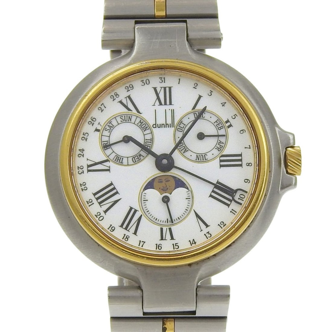 Dunhill Millennium Watch, Moon Phase, Stainless Steel x Gold Plated, Quartz, Multi-Hand Analog,: --- Catalog ---Category: SizeWrist Size: 16.5cm / 6.49''Case Diameter: 34mm / 1.34''Category: DesignType: WristwatchGender: BoysColor (Dial): WhiteMaterial (Band): Gold plated, Stainless steelMaterial