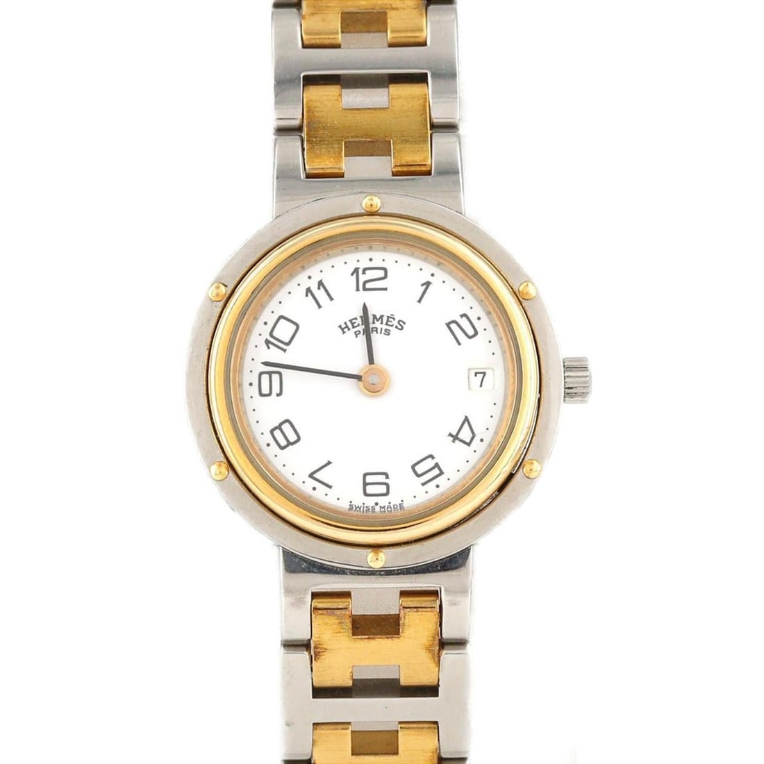 Hermes Clipper Combination SSxGP Quartz Watch: --- Catalog ---Category: SizeWrist Size: 16cm / 6.29''Case Diameter: 24mm / 0.94''Category: DesignType: WristwatchGender: WomenColor (Dial): WhiteMaterial (Band): Gold plated, Stainless steelMaterial 