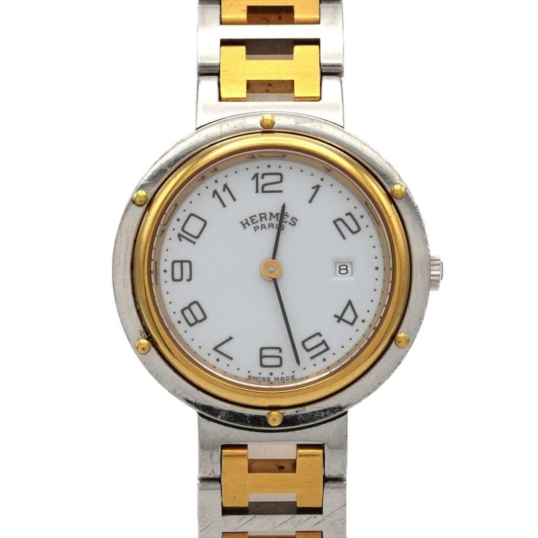 Hermes Clipper Combination SSxGP Quartz Watch: --- Catalog ---Category: SizeWrist Size: 15cm / 5.9''Case Diameter: 30mm / 1.18''Category: DesignType: WristwatchGender: MenColor (Dial): WhiteMaterial (Band): Gold plated, Stainless steelMaterial (Ca