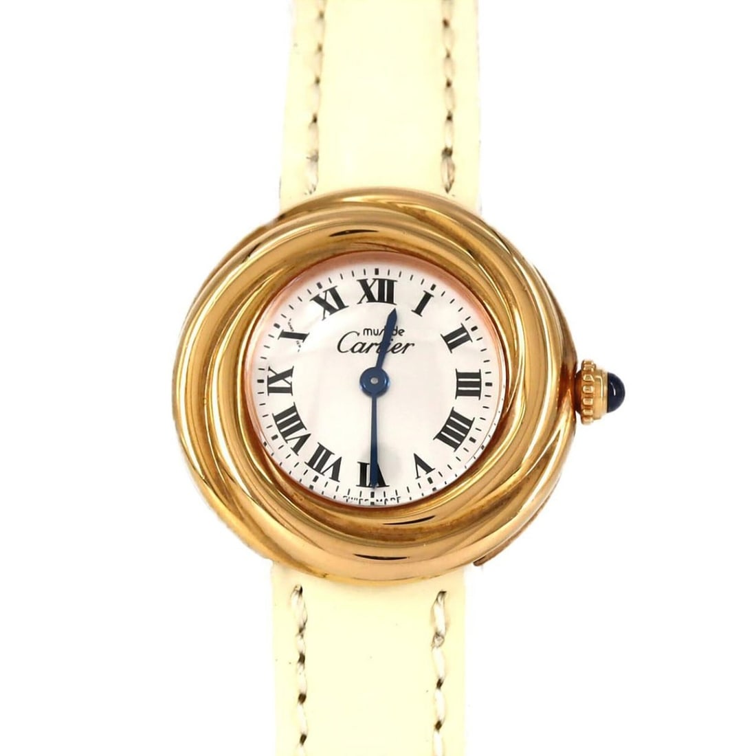 Cartier Must Trinity GP W1015045 Quartz Watch: --- Catalog ---Category: SizeCase Diameter: 27mm / 1.06''Category: DesignType: WristwatchGender: WomenColor (Dial): SilverMaterial (Case): Gold platedCategory: GeneralMPN: W1015045Brand: CartierCatego