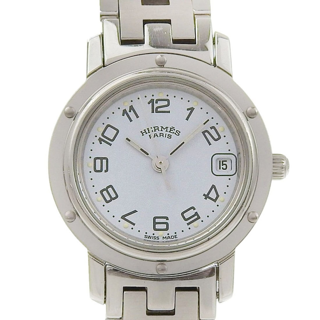 Hermes Clipper Date CL4 210, light blue dial, stainless steel, quartz movement, approximately 24mm,: --- Catalog ---Category: SizeWrist Size: 14.5cm / 5.7''Case Diameter: 24mm / 0.94''Category: DesignType: WristwatchGender: WomenColor (Dial): BlueMaterial (Band): Stainless steelMaterial (Case): Stain