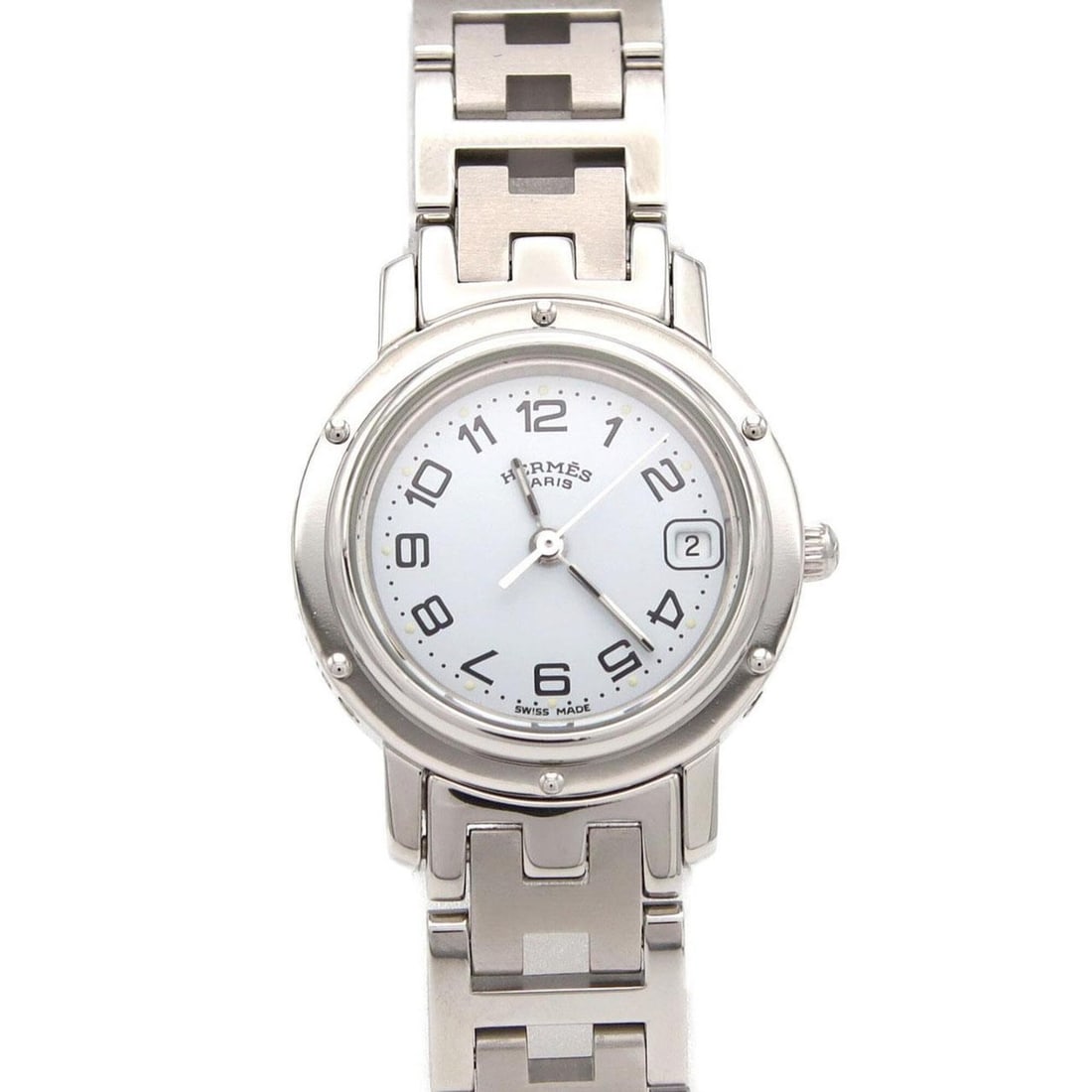 Hermes Clipper CL4.210 SS Quartz Watch: --- Catalog ---Category: SizeWrist Size: 16.5cm / 6.49''Case Diameter: 24mm / 0.94''Category: DesignType: WristwatchGender: WomenColor (Dial): WhiteMaterial (Band): Stainless steelMaterial (Case): Sta