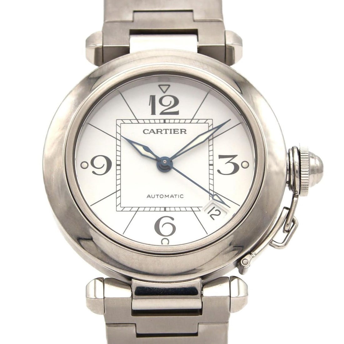 Cartier Pasha C W31074M7 Stainless Steel Automatic Watch: --- Catalog ---Category: SizeWrist Size: 15.5cm / 6.1''Case Diameter: 35mm / 1.38''Category: DesignType: WristwatchGender: Men,WomenColor (Dial): WhiteMaterial (Band): Stainless steelMaterial (Case): 