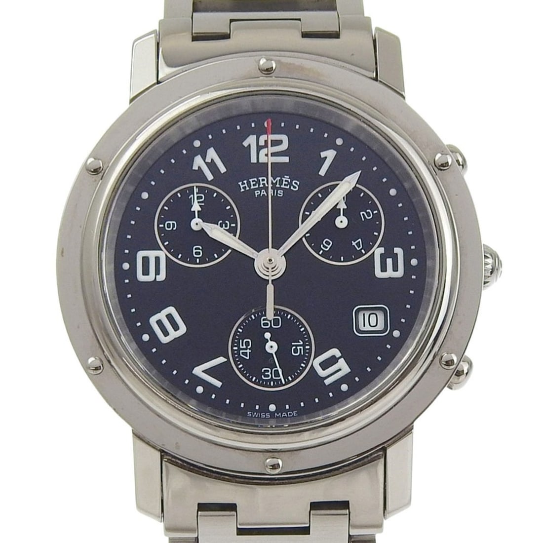 Hermes Clipper watch CL1.910, stainless steel, quartz, chronograph, black dial, men's.: --- Catalog ---Category: SizeWrist Size: 17.5cm / 6.88''Case Diameter: 38mm / 1.5''Category: DesignType: WristwatchGender: MenColor (Dial): BlackMaterial (Band): Stainless steelMaterial (Case): Stainl