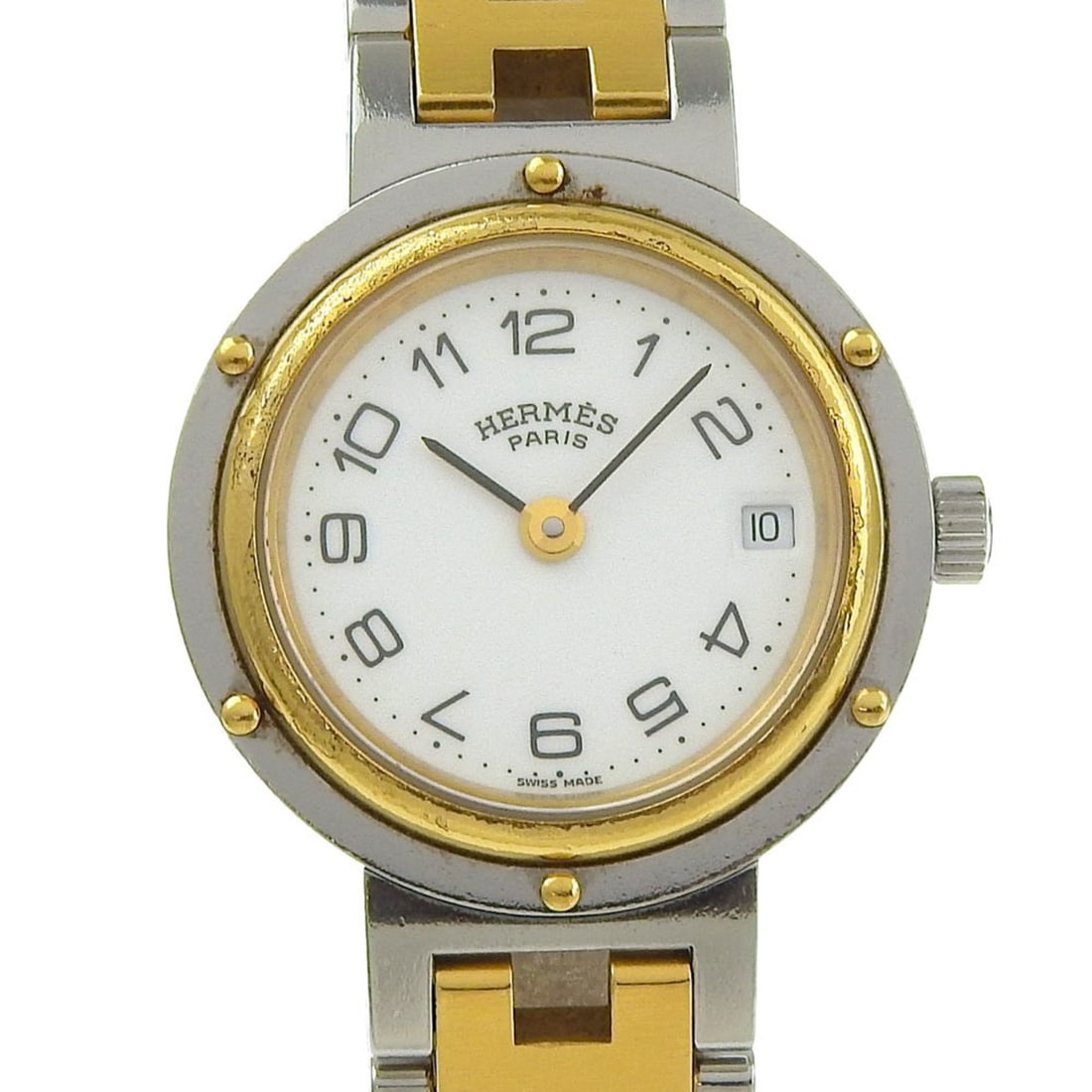 Hermes Clipper watch, stainless steel, quartz, analog display, white dial, women's.: --- Catalog ---Category: SizeWrist Size: 16cm / 6.29''Case Diameter: 24mm / 0.94''Category: DesignType: WristwatchGender: WomenColor (Dial): WhiteMaterial (Band): Stainless steelMaterial (Case): Stain