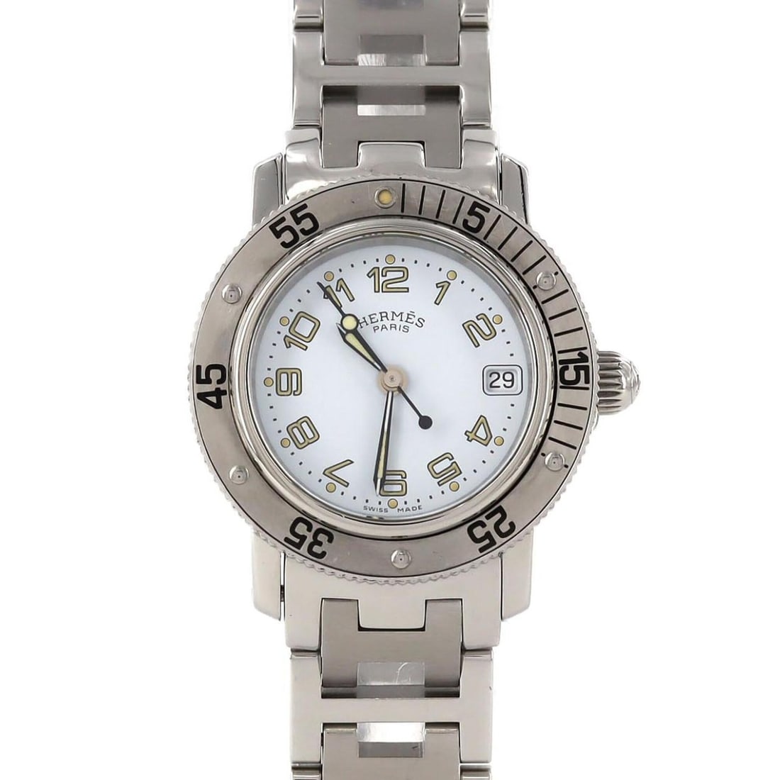 Hermes Clipper Diver CL5.210 SS Quartz Watch: --- Catalog ---Category: SizeWrist Size: 16.5cm / 6.49''Case Diameter: 28mm / 1.1''Category: DesignType: WristwatchGender: WomenColor (Dial): WhiteMaterial (Band): Stainless steelMaterial (Case): Stai
