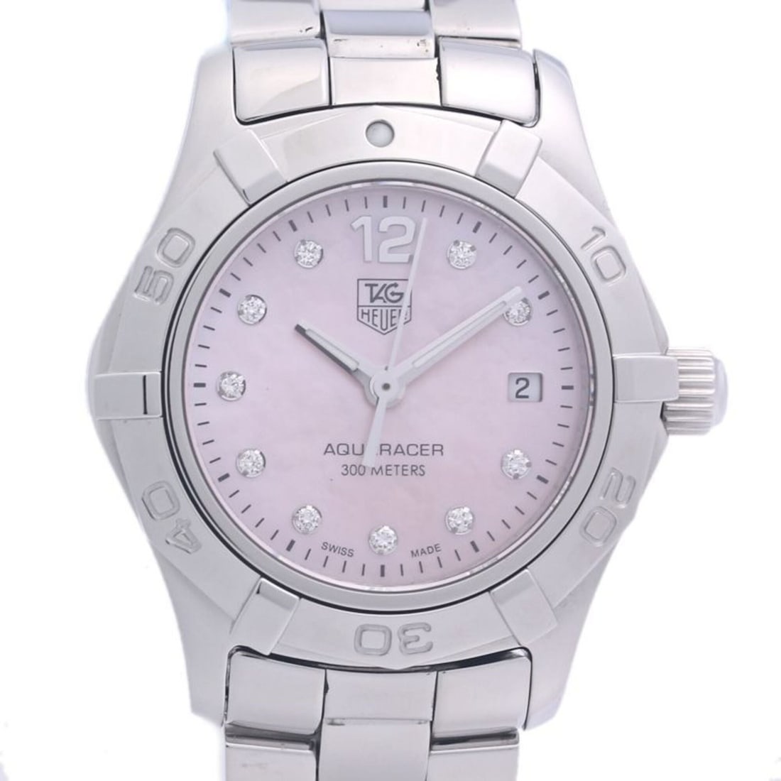 TAG Heuer Aquaracer 10P Diamond WAF141A.BA0824 Women's Watch Stainless Steel 40313: --- Catalog ---Category: SizeWrist Size: 18cm / 7.08''Case Diameter: 27mm / 1.06''Category: DesignType: WristwatchGender: WomenColor (Dial): Pink shellMaterial (Band): Stainless steelMaterial (Case): 