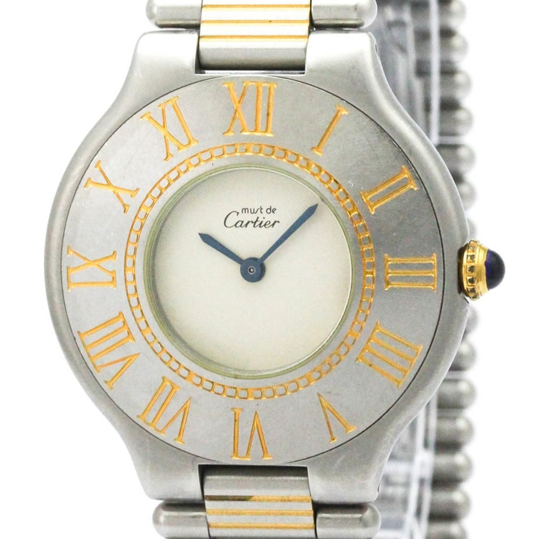 CARTIER Must 21 Gold Plated Steel Quartz Unisex Watch W10050F4: --- Catalog ---Category: SizeCase Diameter: 31mm / 1.22''Category: DesignType: WristwatchStyle: Dress/FormalGender: UnisexColor (Dial): SilverMaterial (Band): Gold plated, Stainless steelMaterial (Cas