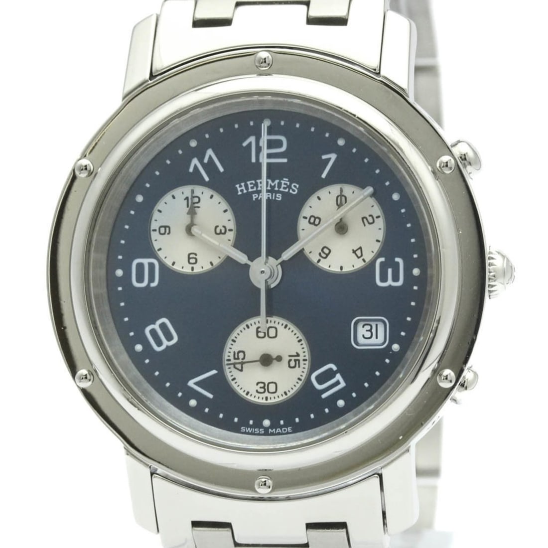 HERMES Clipper Chronograph Steel Quartz Mens Watch CL1.910 Polished: --- Catalog ---Category: SizeCase Diameter: 38mm / 1.5''Category: DesignType: WristwatchStyle: SportGender: MenColor (Dial): BlueMaterial (Band): Stainless steelMaterial (Case): Stainless steelCategor