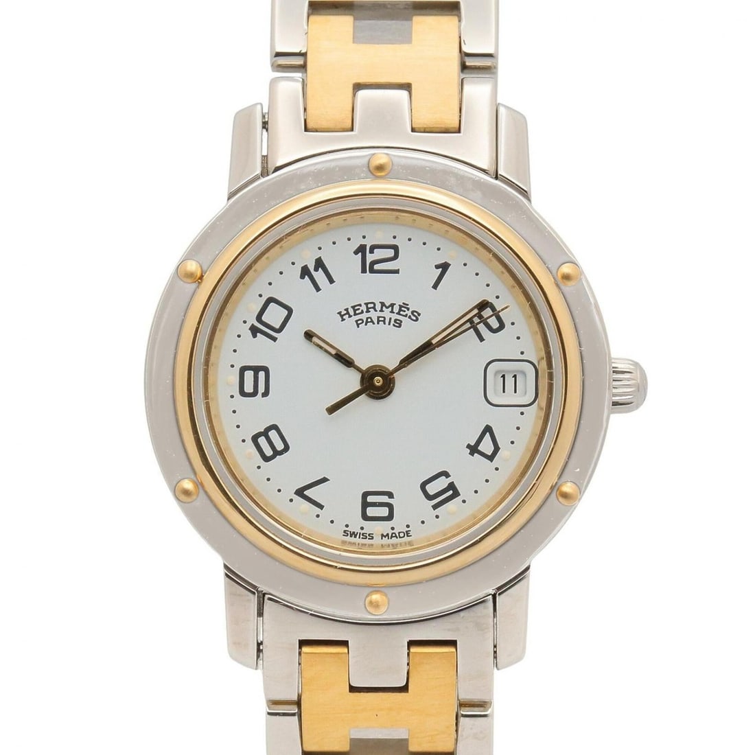 Hermes Clipper Watch, Gold Plated Stainless Steel, Women's, White, CL4.220: --- Catalog ---Category: SizeWrist Size: 15cm / 5.9''Case Diameter: 24mm / 0.94''Category: DesignType: WristwatchGender: WomenColor (Dial): WhiteMaterial (Band): Gold plated, Stainless steelMaterial (