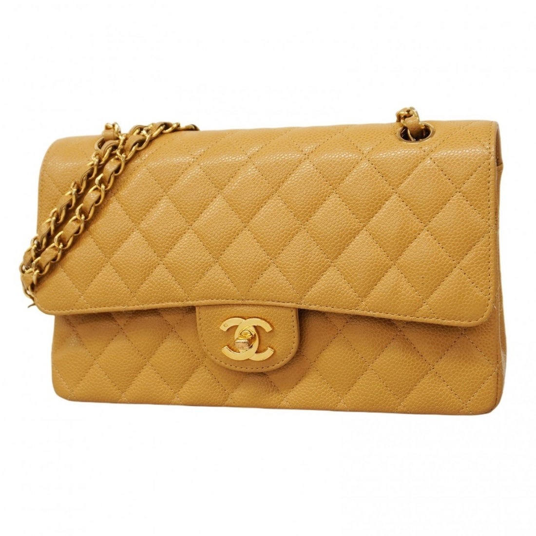 Chanel Shoulder Bag Matelasse W Flap Chain Caviar Skin Beige Women's: --- Catalog ---Category: SizeSize (HxWxD): 15cm x 25cm x 7cm / 5.9'' x 9.84'' x 2.75''Category: DesignType: Shoulder bagColor: BeigeGender: WomenMaterial: Caviar leather Hardware Color: GoldCategory: