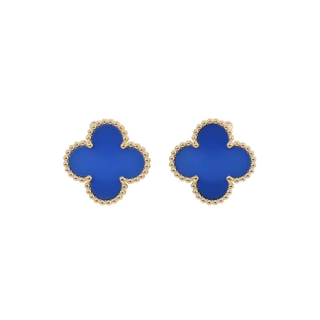 Van Cleef & Arpels Alhambra Earrings with Blue Agate and 18K Yellow Gold (VCARP9SZ00): --- Catalog ---Category: SizeWeight: 7.5g / 0.26oz.Size (HxWxD): 14.80mm x 14.80mm / 0.58'' x 0.58''Category: DesignType: Stud earringsGender: WomenSeason: VintageMaterial: Yellow gold (18K)Category: 