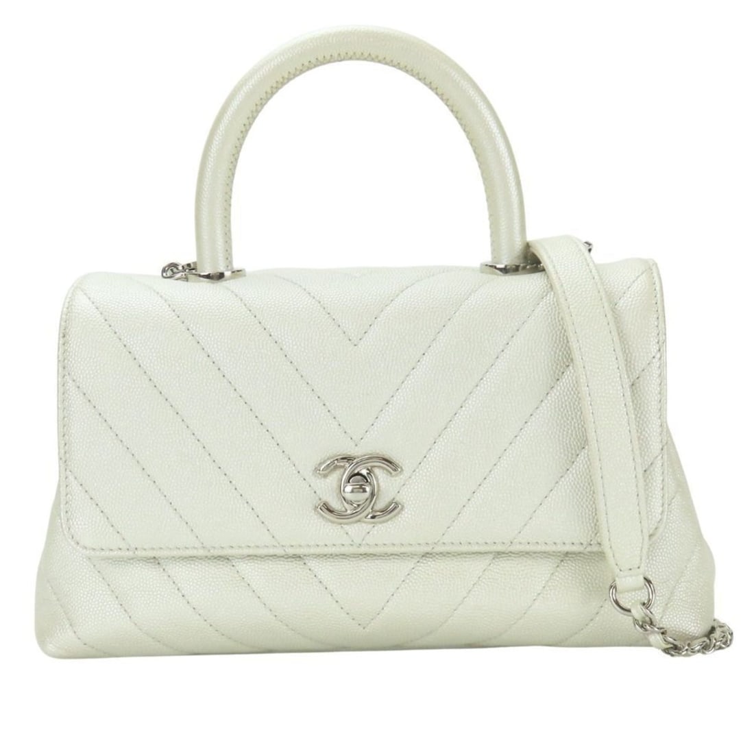 Chanel Coco Handle XS Handbag with Mark, Caviar Leather, Pearl White, Silver Hardware, V-Stitch,: --- Catalog ---Category: SizeWeight: 480g / 1.05lb.Size (HxWxD): 13cm x 23cm x 9cm / 5.11'' x 9.05'' x 3.54''Strap Length: 95cm / 37.4''Handle Length: 18.5cm / 7.28''Category: DesignType: