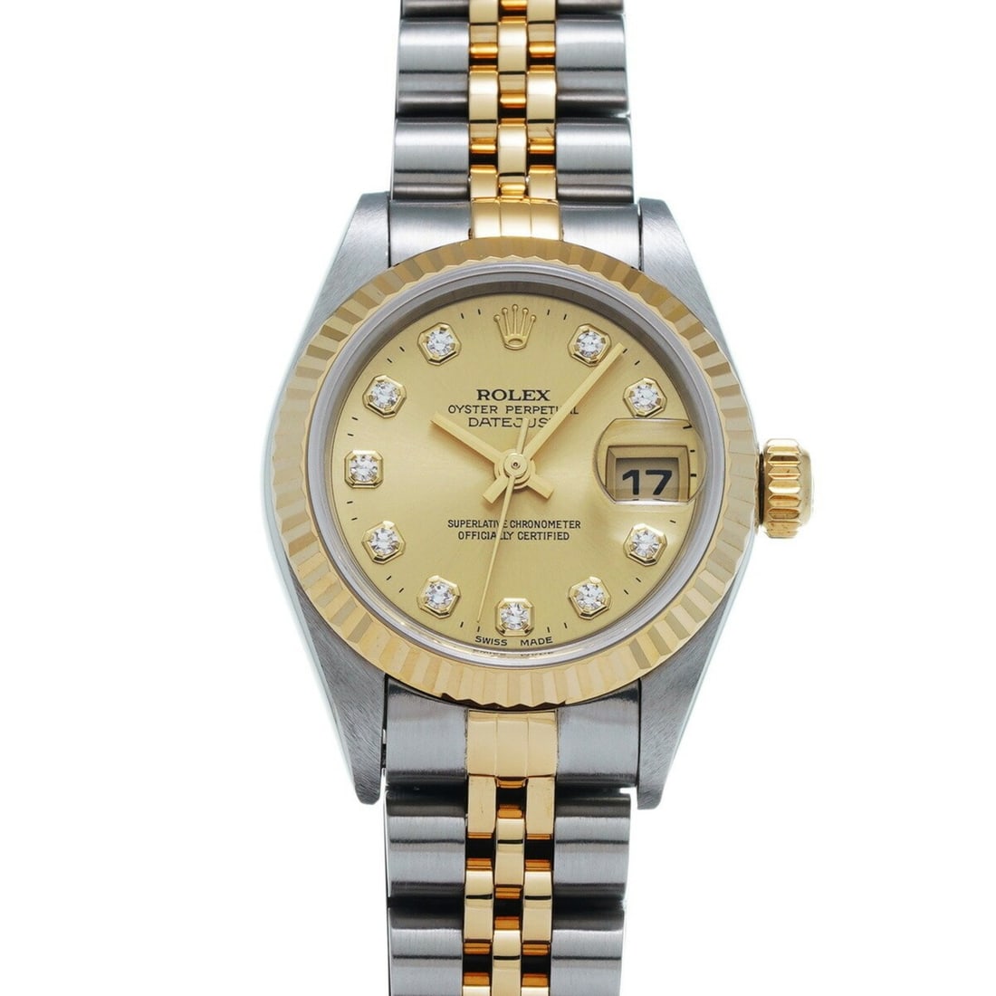 Rolex Datejust 10P Diamond 79173G A Series (manufactured around 1999) Champagne/Diamond Ladies Watch: --- Catalog ---Category: SizeWeight: 79.17kg / 174.54lb.Wrist Size: 17.5cm / 6.88''Case Diameter: 26mm / 1.02''Case Thickness: 10.5mm / 0.41''Category: DesignType: WristwatchColor: Champagne, YellowGe