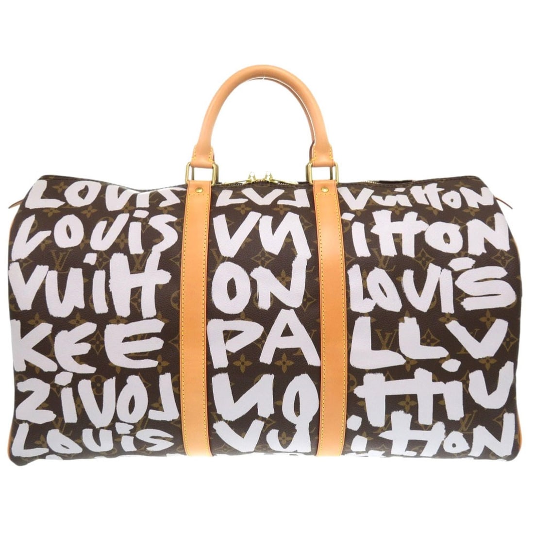 Louis Vuitton Keepall 50 Monogram Graffiti White M92197 Boston Bag LV 1608 LOUIS VUITTON: --- Catalog ---Category: SizeSize (HxWxD): 27cm x 50cm x 22cm / 10.62'' x 19.68'' x 8.66''Handle Length: 28cm / 11.02''Category: DesignType: Boston bagColor: Brown, Monogram, WhiteGender: MenClosure: 
