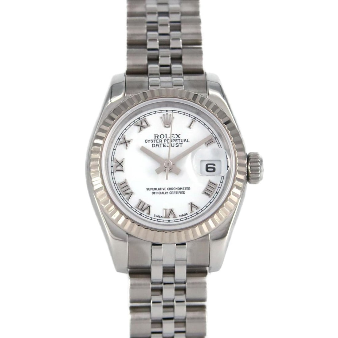 Rolex Datejust 179174 SSxWG Automatic Watch D serial number: --- Catalog ---Category: SizeWrist Size: 16cm / 6.29''Case Diameter: 26mm / 1.02''Category: DesignType: WristwatchGender: WomenColor (Dial): WhiteMaterial (Band): Stainless steelMaterial (Case): Stain