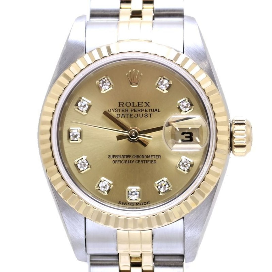 ROLEX Rolex Datejust 10P Diamond 79173G K18YG Yellow Gold x Stainless Steel Ladies 39706 Watch: --- Catalog ---Category: SizeWrist Size: 17.5cm / 6.88''Case Diameter: 26mm / 1.02''Category: DesignType: WristwatchGender: WomenGemstone: DiamondColor (Dial): ChampagneMaterial (Band): Stainless stee