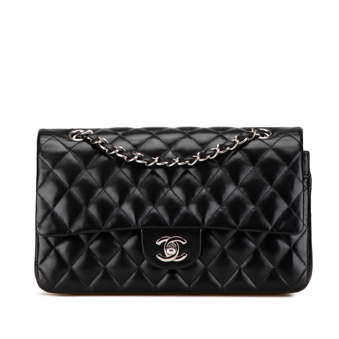 CHANEL Matelasse 25 Double Flap Coco Mark Chain Shoulder Bag in Black Lambskin for Women: --- Catalog ---Category: SizeStrap Drop: 42cm / 16.53''Size (HxWxD): 15.5cm x 25.5cm x 6cm / 6.1'' x 10.03'' x 2.36''Category: DesignType: Shoulder bagColor: BlackGender: WomenClosure: FlapOuter Pocke